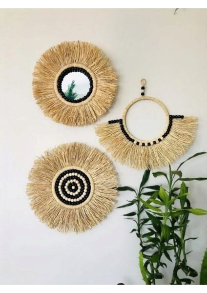 Üçlü Rafya Siyah Boncuklu Duvar Süsü Üçlü Rafya Siyah Boncuklu Duvar Süsü