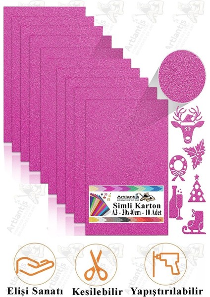 Pembe Simli Karton A3 30X40 cm 10 Lu 1 Paket Simli Fon Kartonu Parıltılı Kağıt Anasınıfı Kreş Etkinlik Proje