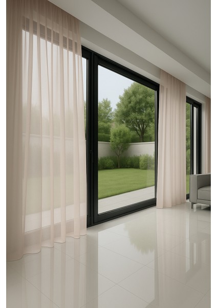 Dökümlü Düz Tül Perde - Açık Pudra - Pileli Dikim 1x2,5 Pile - İPK101