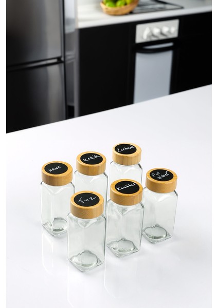 6'lı Kare Cam Yazılabilir Etiketli Kalem Hediyeli Baharatlık