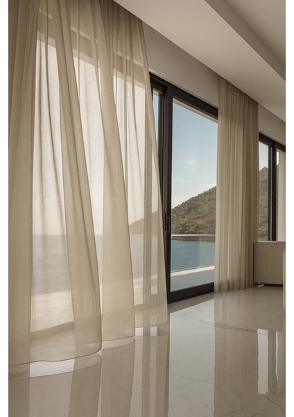 Dökümlü Düz Ipek Tül Perde - Bej - Pileli Dikim 1x2,5 Pile - İPK545