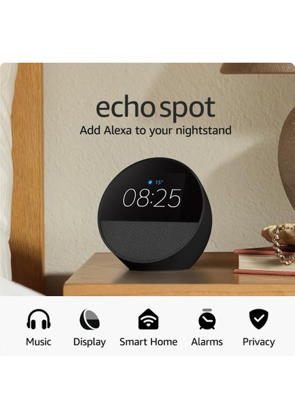 Spot – Akıllı Saatli Alexa Hoparlör | Dokunmatik Ekran, Müzik, Alarm, Hava Durumu, Smart Home Kontrolü | Siyah Renk