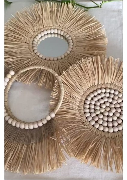 3 Lü Boncuklu Aynalı Duvar Süsü Rafya