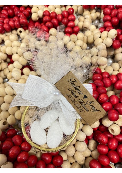 - 50'li - Badem Şekerli Nikah Kına Nişan Hatırası – Incili Tüllü Süsleme