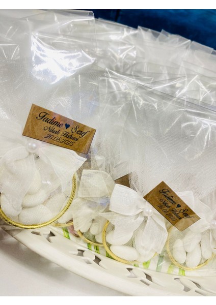 - 50'li - Badem Şekerli Nikah Kına Nişan Hatırası – Incili Tüllü Süsleme