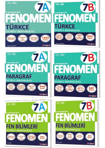 Fenomen Okul 2025 7. Sınıf Paragraf + Türkçe + Fen A + B Serisi Soru Seti 6 Kitap
