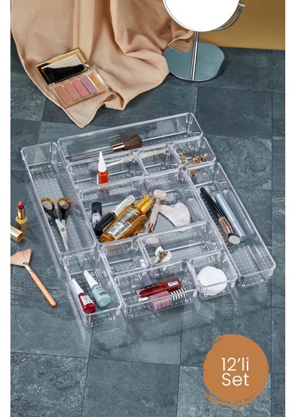 12 Parça Ayarlanabilir Çekmece Içi Düzenleyici Makyaj ve Takı Organizeri Şeffaf