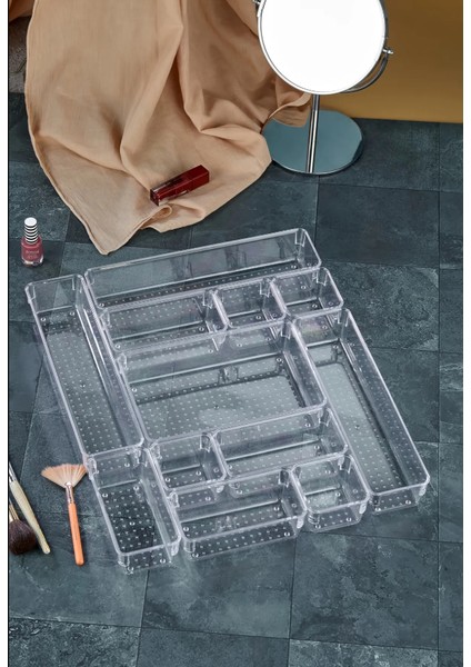 12 Parça Ayarlanabilir Çekmece Içi Düzenleyici Makyaj ve Takı Organizeri Şeffaf modelleri