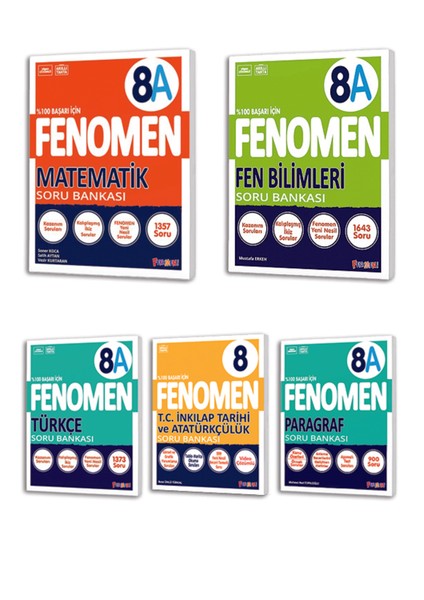 8. Sınıf Fenomen Matematik(A)-Fen Bilimleri(A)-Türkçe(A)-Paragraf(A)-Ink.tarihi Soru Bankası Seti