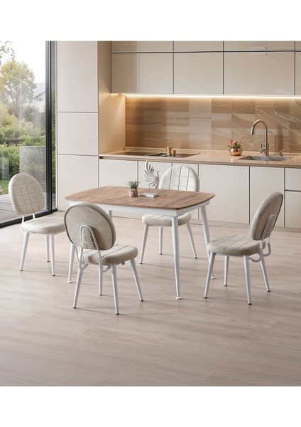 Milano’25 Açılır Masa Takımı – Ceviz Desen & Beyaz Ayak – 80×125 → 165 Cm, 4 Sandalyeli