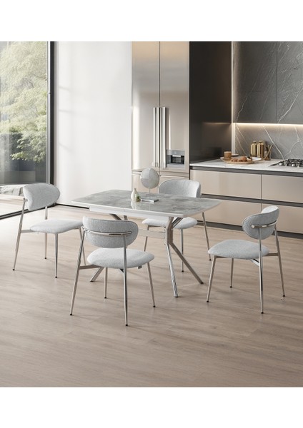 Duman Açılır Masa Takımı – Gri Mermer - Krom Metal Ayak – 80×130→160 Cm, 4 Sandalyeli