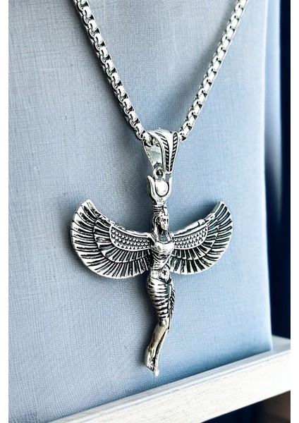 Gümüş Kaplama Krom-Çelik Erkek Kolyesi Antik Mısırın Yaşam ve Sağlık Tanrıçası Isis Madalyon