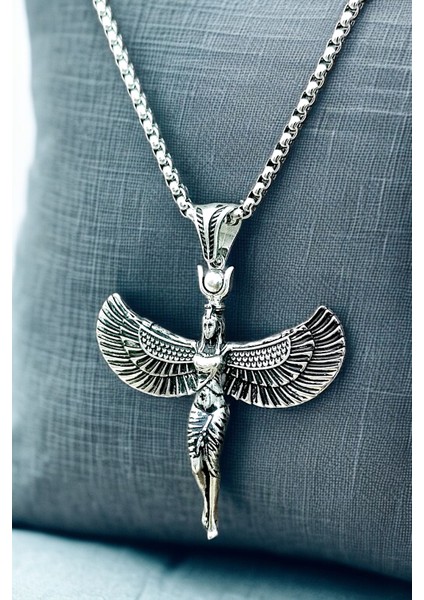 Gümüş Kaplama Krom-Çelik Erkek Kolyesi Antik Mısırın Yaşam ve Sağlık Tanrıçası Isis Madalyon fiyatları