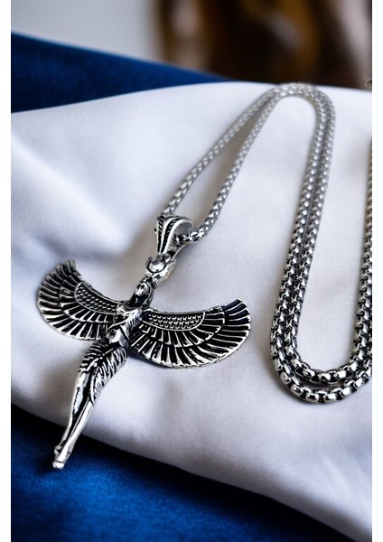 Gümüş Kaplama Krom-Çelik Erkek Kolyesi Antik Mısırın Yaşam ve Sağlık Tanrıçası Isis Madalyon indirimleri