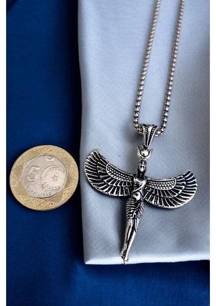 Gümüş Kaplama Krom-Çelik Erkek Kolyesi Antik Mısırın Yaşam ve Sağlık Tanrıçası Isis Madalyon