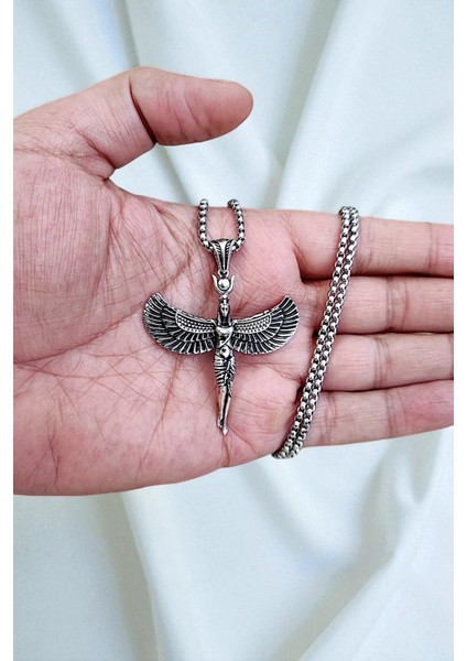 Gümüş Kaplama Krom-Çelik Erkek Kolyesi Antik Mısırın Yaşam ve Sağlık Tanrıçası Isis Madalyon