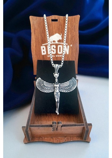 Gümüş Kaplama Krom-Çelik Erkek Kolyesi Antik Mısırın Yaşam ve Sağlık Tanrıçası Isis Madalyon