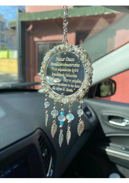 Yeni Nazar ve Ayetel Kürsü Duası Hediyelik Metal Yapraklı Kristal Boncuklu Araç Dikiz Aynası Süsü