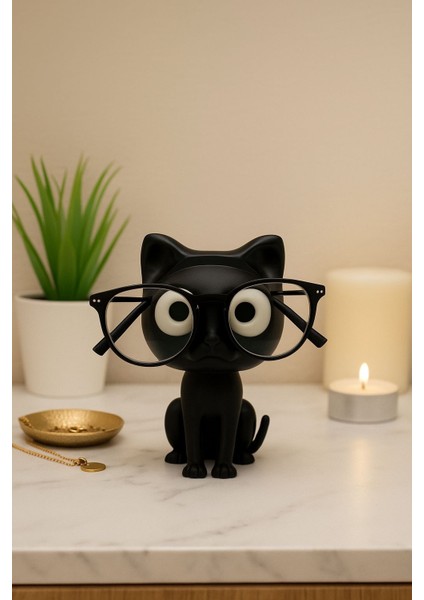 SEVİMLİ SİYAH KEDİ Gözlük Standı Dekoratif Gözlük Tutucu Masaüstü Gözlük Standı Hediye Organizer