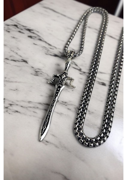 Gümüş Kaplama Krom-Çelik Erkek Kolyesi Efsane Attila'nın Kılıcı Madalyon Kılıç indirimleri