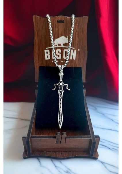 Gümüş Kaplama Krom-Çelik Erkek Kolyesi Efsane Attila'nın Kılıcı Madalyon Kılıç