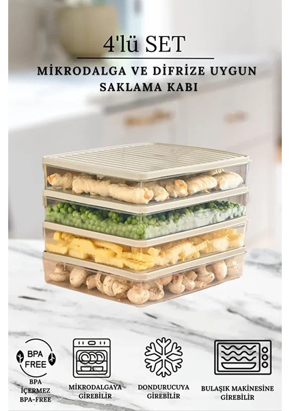Buzdolabı ve Mikrodalga Saklama Kabı - Bej Buzdolabı Organizeri 4X2800ML