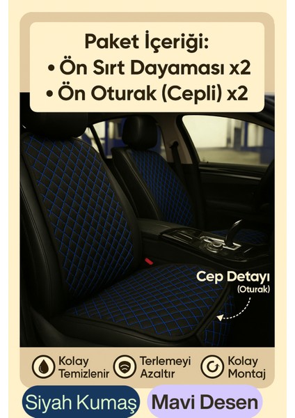 Nissan Pulsar Uyumlu Kumaş Oto Koltuk Minderi Ergonomik Kapitone 2'li Siyah Mavi