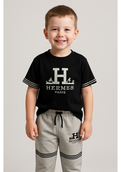 Erkek Çocuk %100 Pamuklu Kumaş T-Shirt/eşofman Alt Ikili Takım(Tam Kalıp)