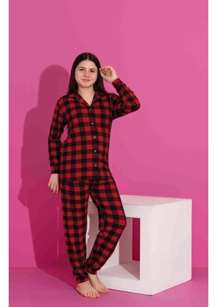 Kız Çocuk %100 Pamuklu Kumaş Önü Dügmeli-Uzun Kol Kareli Pijama Takımı