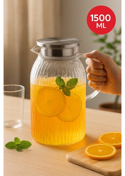 Vakumlu Çelik Kapaklı Sürahi Isıya Dayanıklı Borosilikat Cam Demlik & Sürahi (1500 Ml)