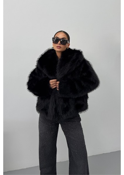 Kadın Kürk Şık Geniş Yaka Astarlı Çıtçıt Düğmeli premium kürk