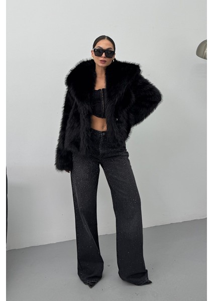 Kadın Kürk Şık Geniş Yaka Astarlı Çıtçıt Düğmeli premium kürk modelleri