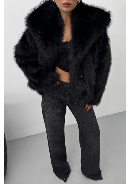 Kadın Kürk Şık Geniş Yaka Astarlı Çıtçıt Düğmeli premium kürk