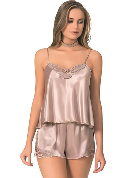 Ince Askılı Saten Babydoll Kadın Şortlu Gecelik