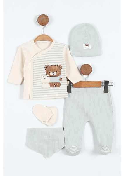 Erkek Bebek 5'li Zıbın Takımı – Çizgi Desenli, Patikli, Ayıcık Nakışlı | Su Yeşili