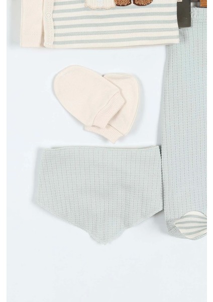 Erkek Bebek 5'li Zıbın Takımı – Çizgi Desenli, Patikli, Ayıcık Nakışlı | Su Yeşili modelleri