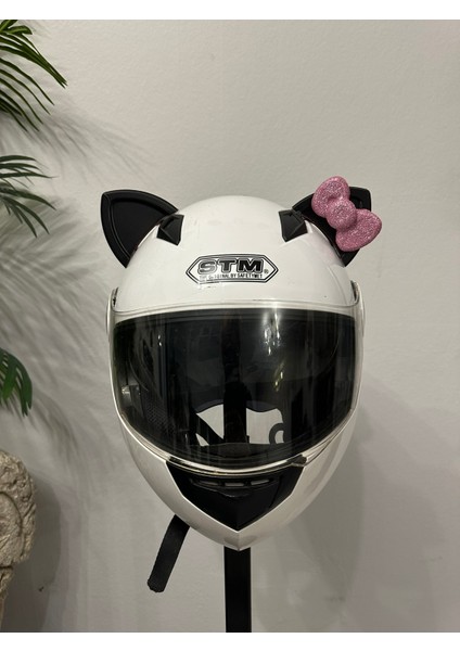 Motor & Motosiklet Pembe Fiyonklu Siyah Kedi Kulak Kask Dış Aksesuarı