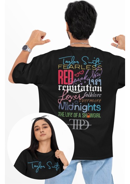 Unisex Tüm Albümler Sırt Baskılı Tişört, Oversize Taylor Swift Temalı Bisiklet Yaka T-Shirt