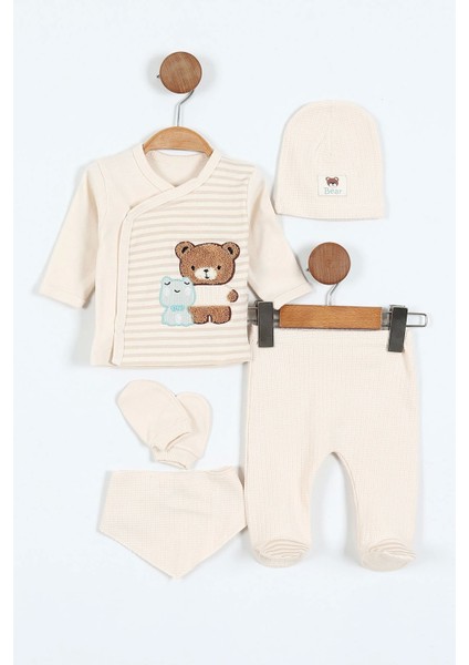Erkek Bebek 5'li Zıbın Takımı – Çizgi Desenli, Patikli, Ayıcık Nakışlı | Ekru