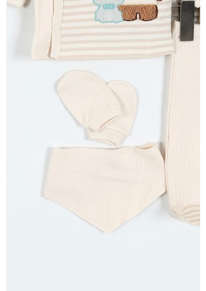 Erkek Bebek 5'li Zıbın Takımı – Çizgi Desenli, Patikli, Ayıcık Nakışlı | Ekru modelleri