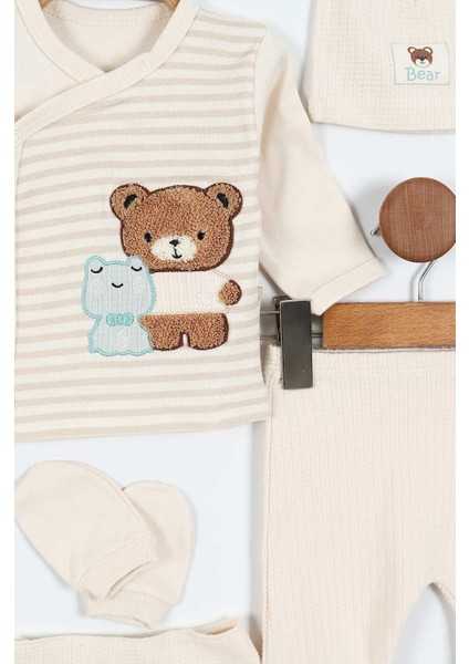 Erkek Bebek 5'li Zıbın Takımı – Çizgi Desenli, Patikli, Ayıcık Nakışlı | Ekru indirimleri