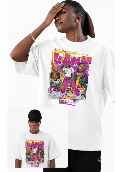 Unisex Planet Euphoria Yazılı Tişört, Oversize Kendrick Lamar Temalı Bisiklet Yaka T-Shirt
