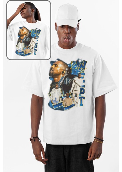 Unisex Kanye West Yazılı Tişört, Oversize Rapper Temalı Bisiklet Yaka T-Shirt