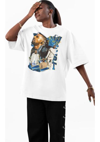 Unisex Kanye West Yazılı Tişört, Oversize Rapper Temalı Bisiklet Yaka T-Shirt fiyatları