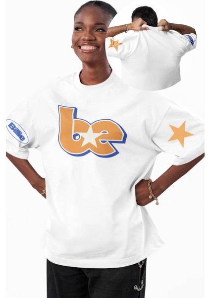 Unisex Be Billie Star Kol Baskılı Tişört, Oversize Billie Eilish Temalı Bisiklet Yaka T-Shirt