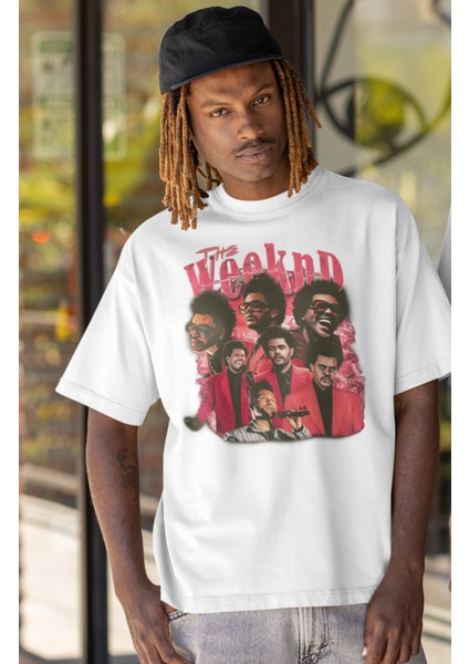 Unisex Red The Weeknd Yazılı Tişört, Oversize Rapper Temalı Bisiklet Yaka T-Shirt