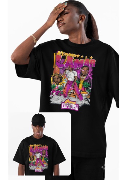 Unisex Planet Euphoria Yazılı Tişört, Oversize Kendrick Lamar Temalı Bisiklet Yaka T-Shirt