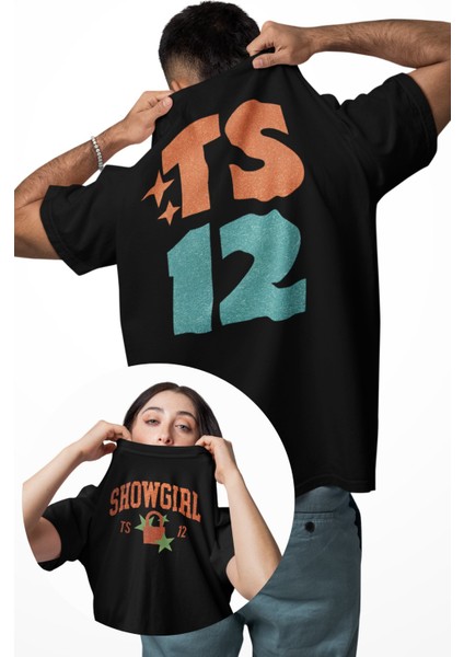 Unisex Showgirl Ts 12 Sırt Baskılı Tişört, Oversize Taylor Swift Albüm Temalı Bisiklet Yaka T-Shirt