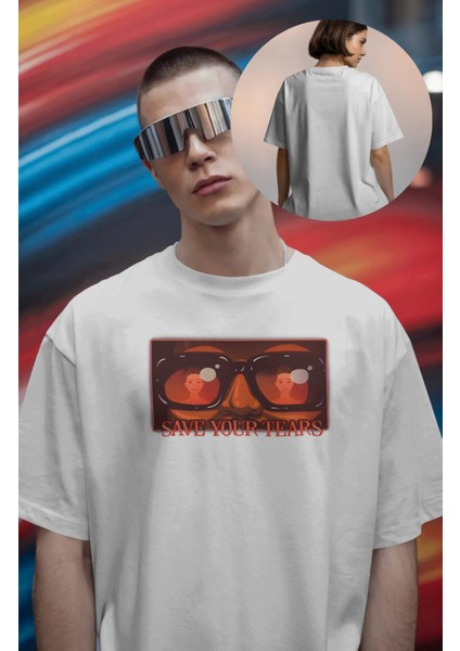 Unisex Save Your Tears Yazılı Tişört, Oversize The Weeknd Temalı Bisiklet Yaka T-Shirt