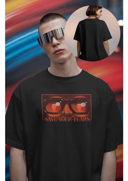 Unisex Save Your Tears Yazılı Tişört, Oversize The Weeknd Temalı Bisiklet Yaka T-Shirt